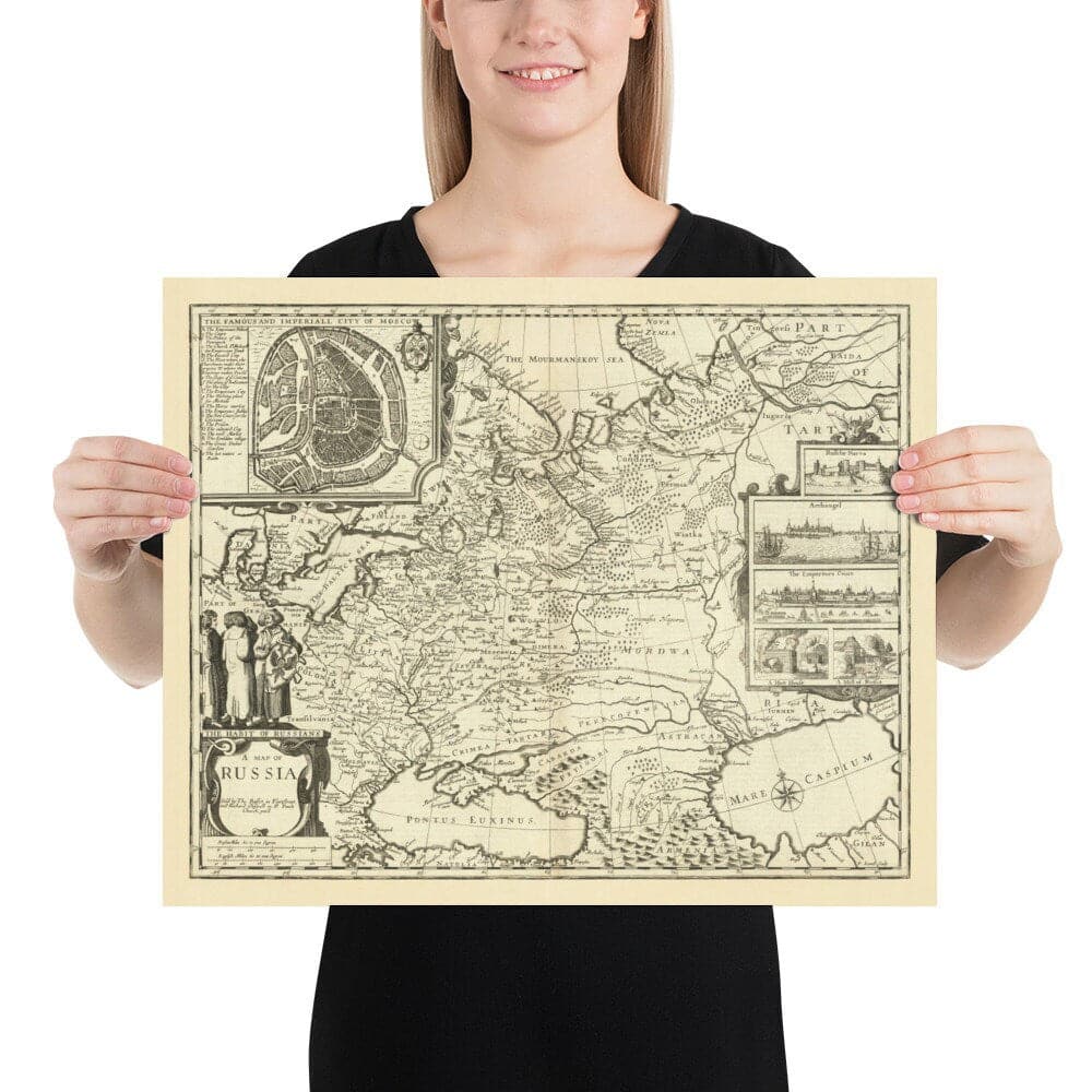 Old Map of Russia, 1676 by John Speed - Peter the Great's Russian Empire, Old Europe, Moscow, Kiev, Tatars, Ukraine