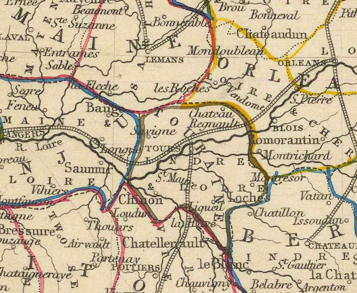 Mapa antiguo de Francia, 1851 por Tallis & Rapkin - París, Calais, Toulouse, Niza, Burdeos, Departamentos y Condados