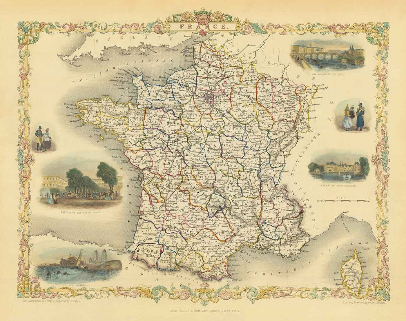 Mapa antiguo de Francia, 1851 por Tallis & Rapkin - París, Calais, Toulouse, Niza, Burdeos, Departamentos y Condados