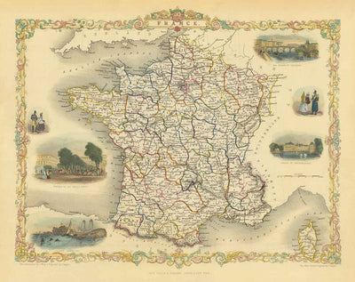 Mapa antiguo de Francia, 1851 por Tallis & Rapkin - París, Calais, Toulouse, Niza, Burdeos, Departamentos y Condados