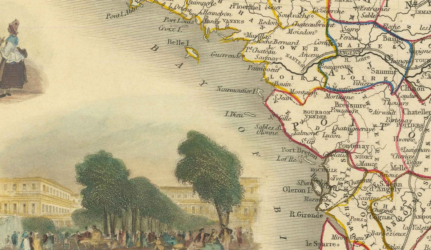 Mapa antiguo de Francia, 1851 por Tallis & Rapkin - París, Calais, Toulouse, Niza, Burdeos, Departamentos y Condados