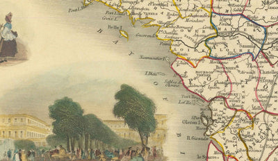 Mapa antiguo de Francia, 1851 por Tallis & Rapkin - París, Calais, Toulouse, Niza, Burdeos, Departamentos y Condados