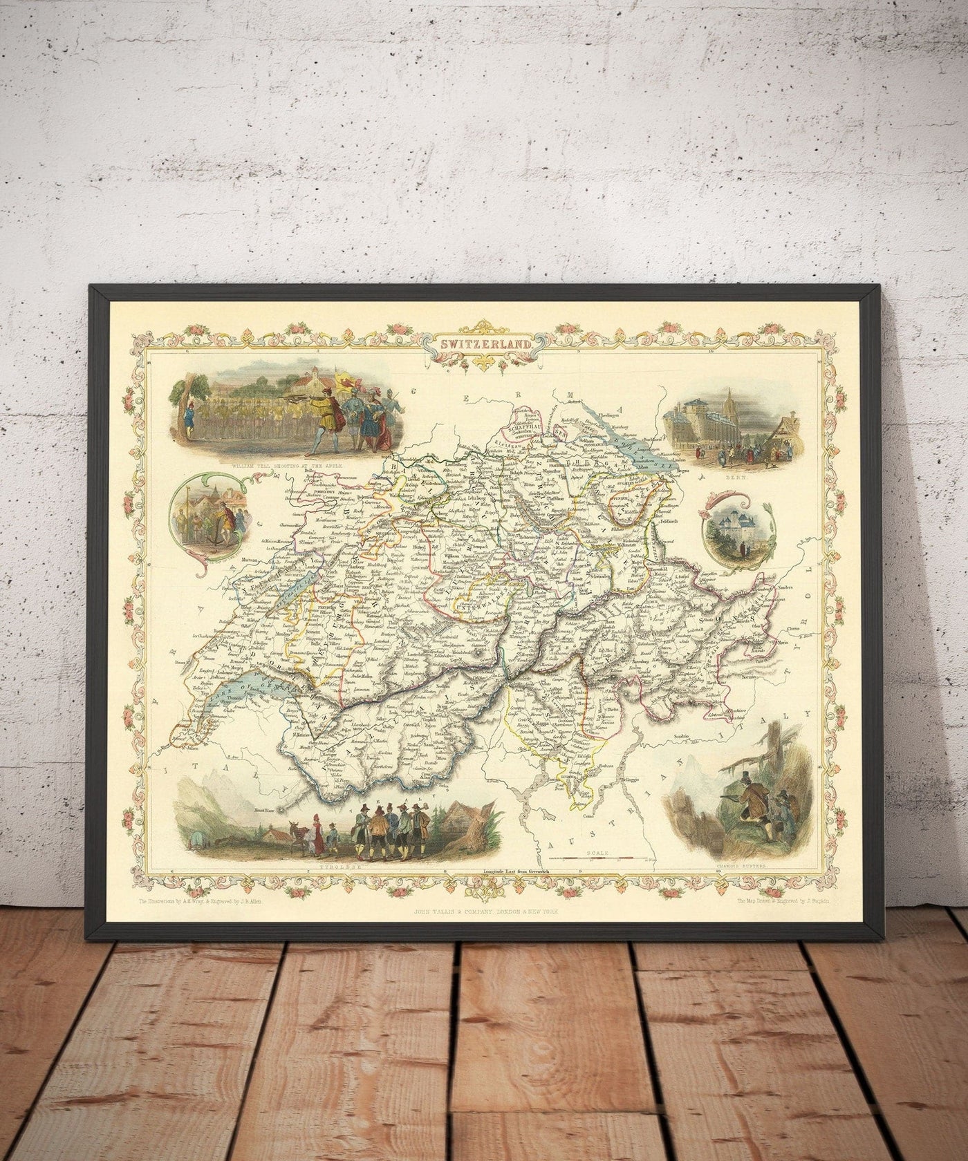 Antiguo mapa coloreado a mano de Suiza, 1851 - Berna, Zúrich, Cantones, Ginebra, Lagos, Zermatt, Guillermo Tell