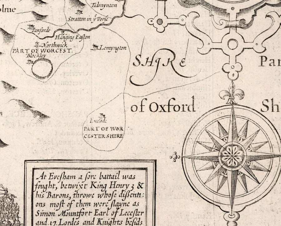 Old monochrome Carte of Worcestershire, 1611 par John Speed ​​- Worcester, Bromsgrove, Kidderminster, Malvern, Droitwich