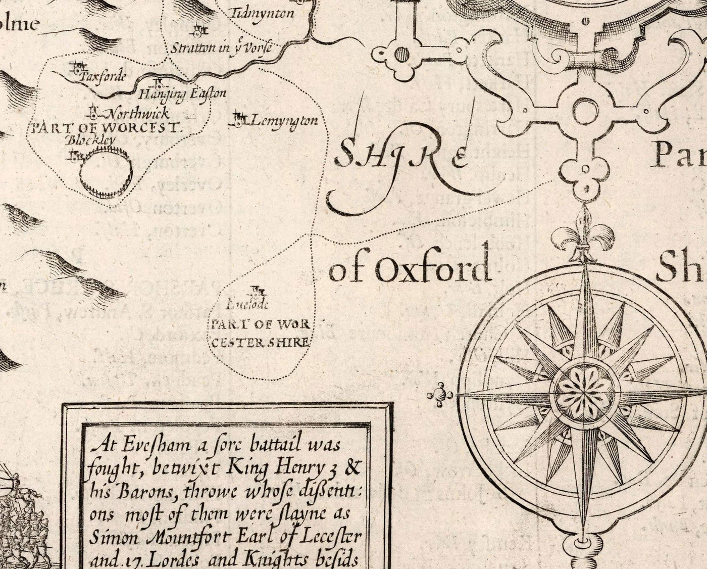 Antiguo mapa monocromo de Worcestershire, 1611 por John Speed - Worcester, Bromsgrove, Kidderminster, Malvern, Droitwich