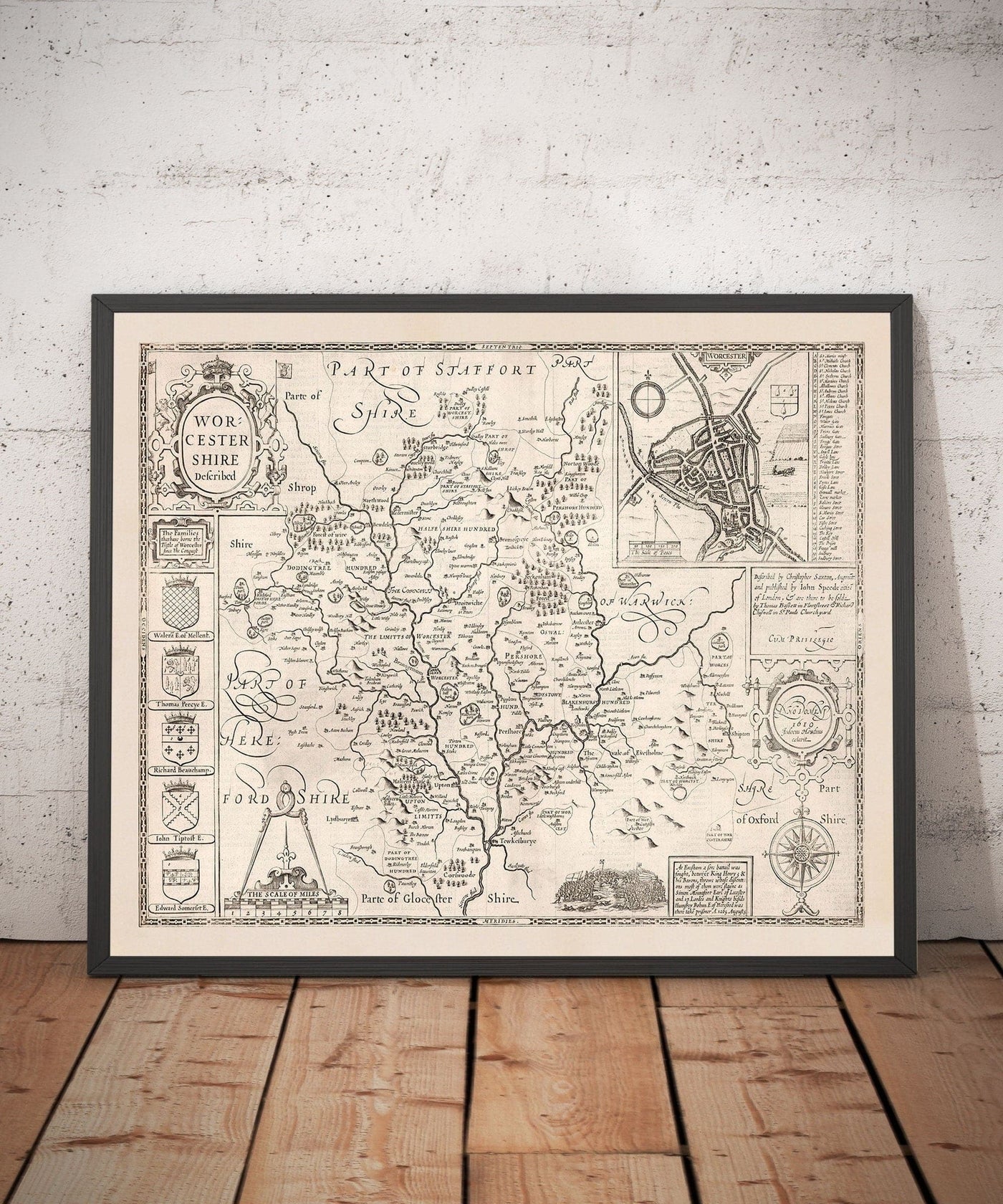 Antiguo mapa monocromo de Worcestershire, 1611 por John Speed - Worcester, Bromsgrove, Kidderminster, Malvern, Droitwich