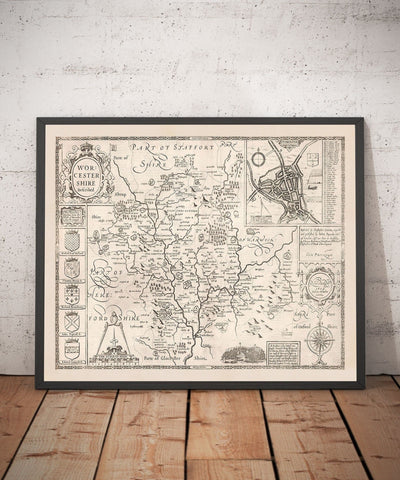 Antiguo mapa monocromo de Worcestershire, 1611 por John Speed - Worcester, Bromsgrove, Kidderminster, Malvern, Droitwich