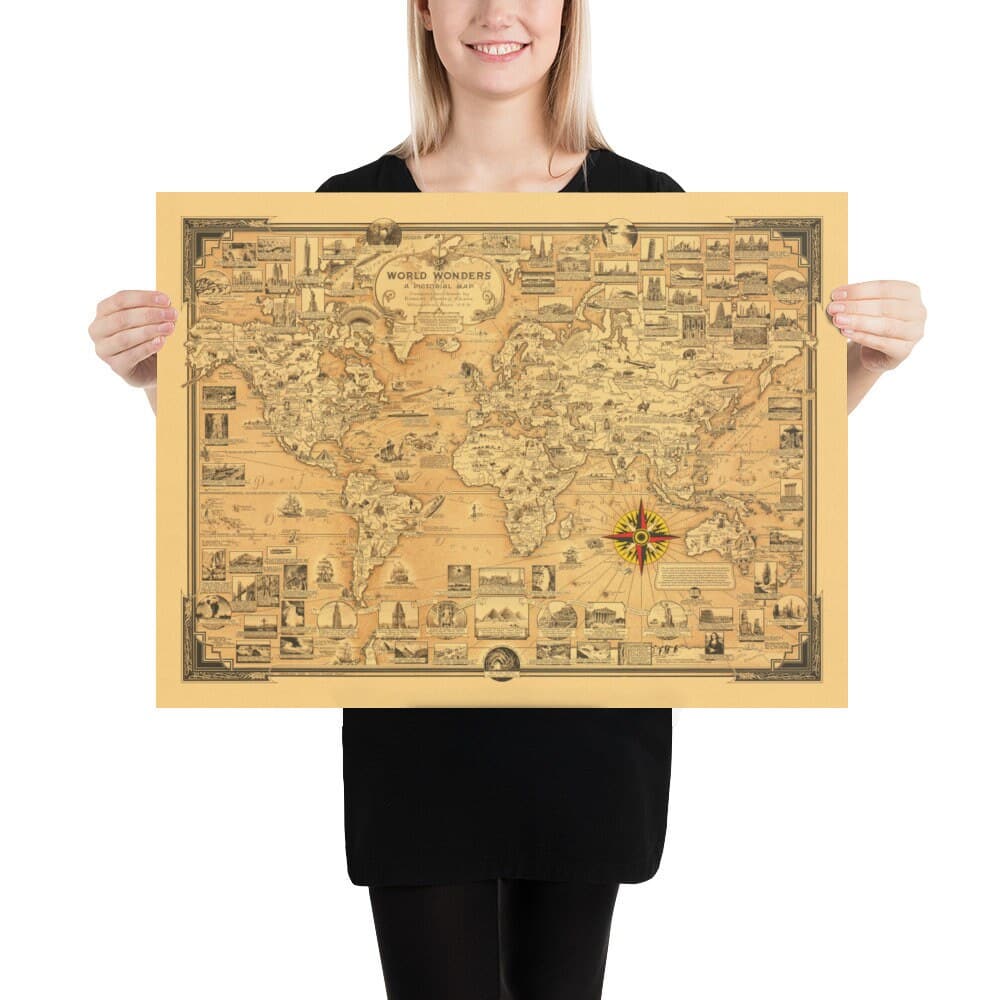 Antiguo mapa del Atlas de las Siete Maravillas del Mundo, 1939 - Antiguas y modernas - Pirámides, Empire State, Stonehenge