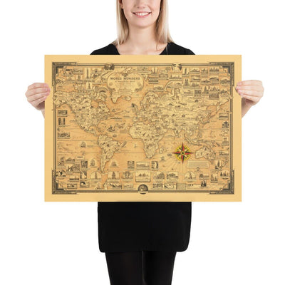 Antiguo mapa del Atlas de las Siete Maravillas del Mundo, 1939 - Antiguas y modernas - Pirámides, Empire State, Stonehenge