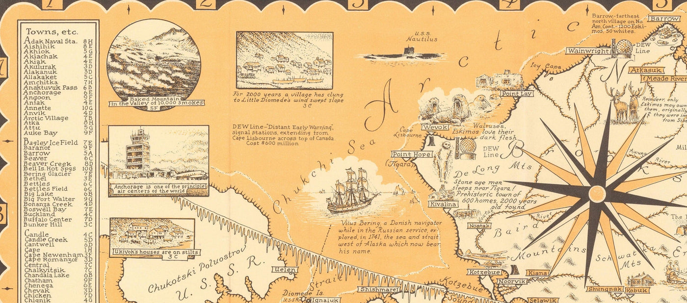 Alte bildliche Karte von Alaska, USA von E. Chase, 1958 - Anchorage, Bären, Goldminen, Städte, Berge usw. 