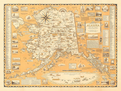 Alte bildliche Karte von Alaska, USA von E. Chase, 1958 - Anchorage, Bären, Goldminen, Städte, Berge usw. 