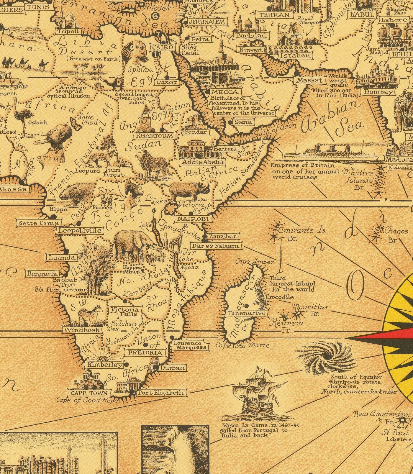 Antiguo mapa del Atlas de las Siete Maravillas del Mundo, 1939 - Antiguas y modernas - Pirámides, Empire State, Stonehenge