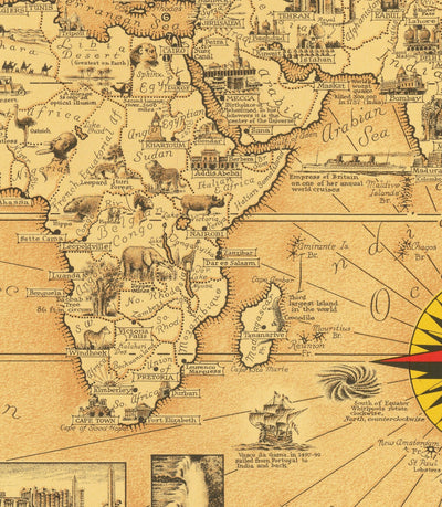 Antiguo mapa del Atlas de las Siete Maravillas del Mundo, 1939 - Antiguas y modernas - Pirámides, Empire State, Stonehenge