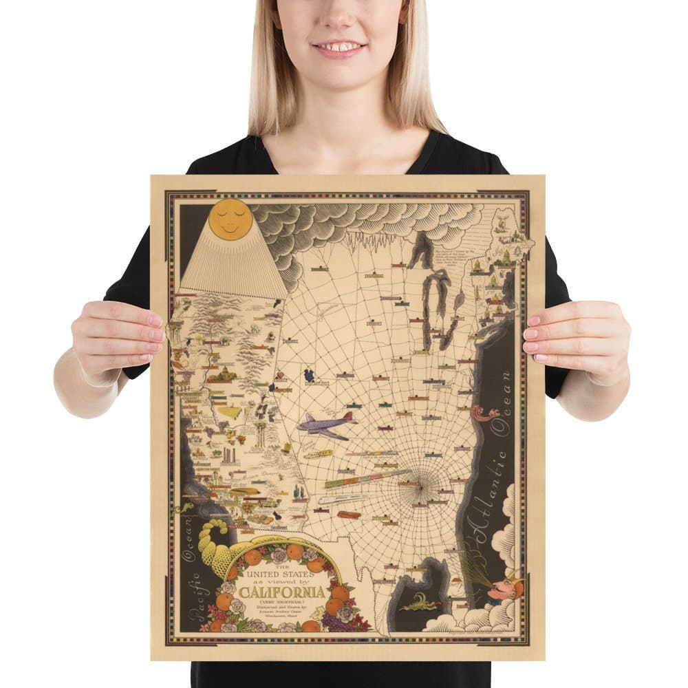 Un mapa de los Estados Unidos "típicamente californiano", por E. Chase, 1940 - Distorsión no oficial del Oeste contra el Este de los Estados Unidos