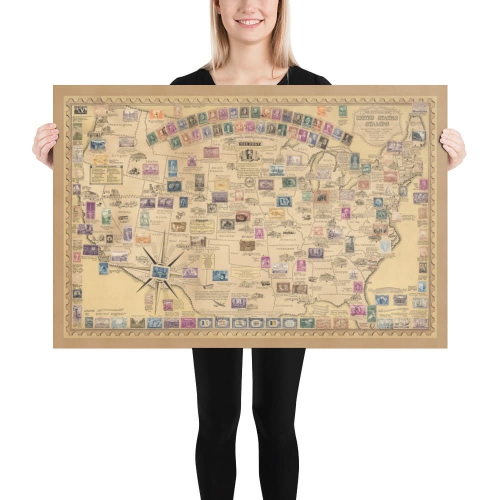 Old Stamp Map of the USA par E. Chase, 1949 - Historical United States Post Office - Présidents, points de repère, collectionneur