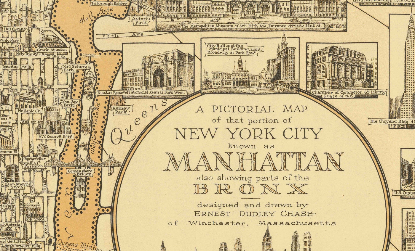 Old Pictorial Map of Manhattan & the Bronx, 1939 par E. Chase - Merrassement, gratte-ciel, River Hudson