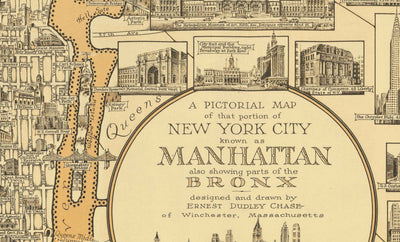 Old Pictorial Map of Manhattan & the Bronx, 1939 par E. Chase - Merrassement, gratte-ciel, River Hudson