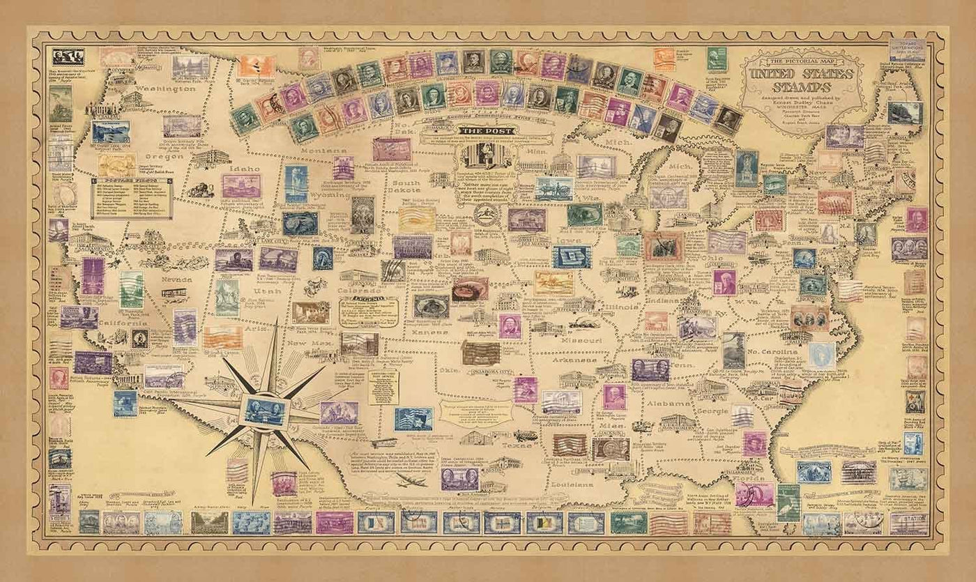 Old Stamp Map of the USA par E. Chase, 1949 - Historical United States Post Office - Présidents, points de repère, collectionneur