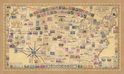 Old Stamp Map of the USA par E. Chase, 1949 - Historical United States Post Office - Présidents, points de repère, collectionneur