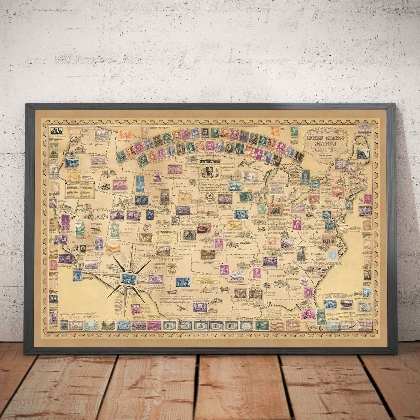 Old Stamp Map of the USA par E. Chase, 1949 - Historical United States Post Office - Présidents, points de repère, collectionneur