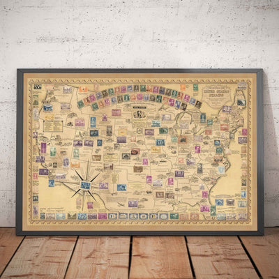 Old Stamp Map of the USA par E. Chase, 1949 - Historical United States Post Office - Présidents, points de repère, collectionneur