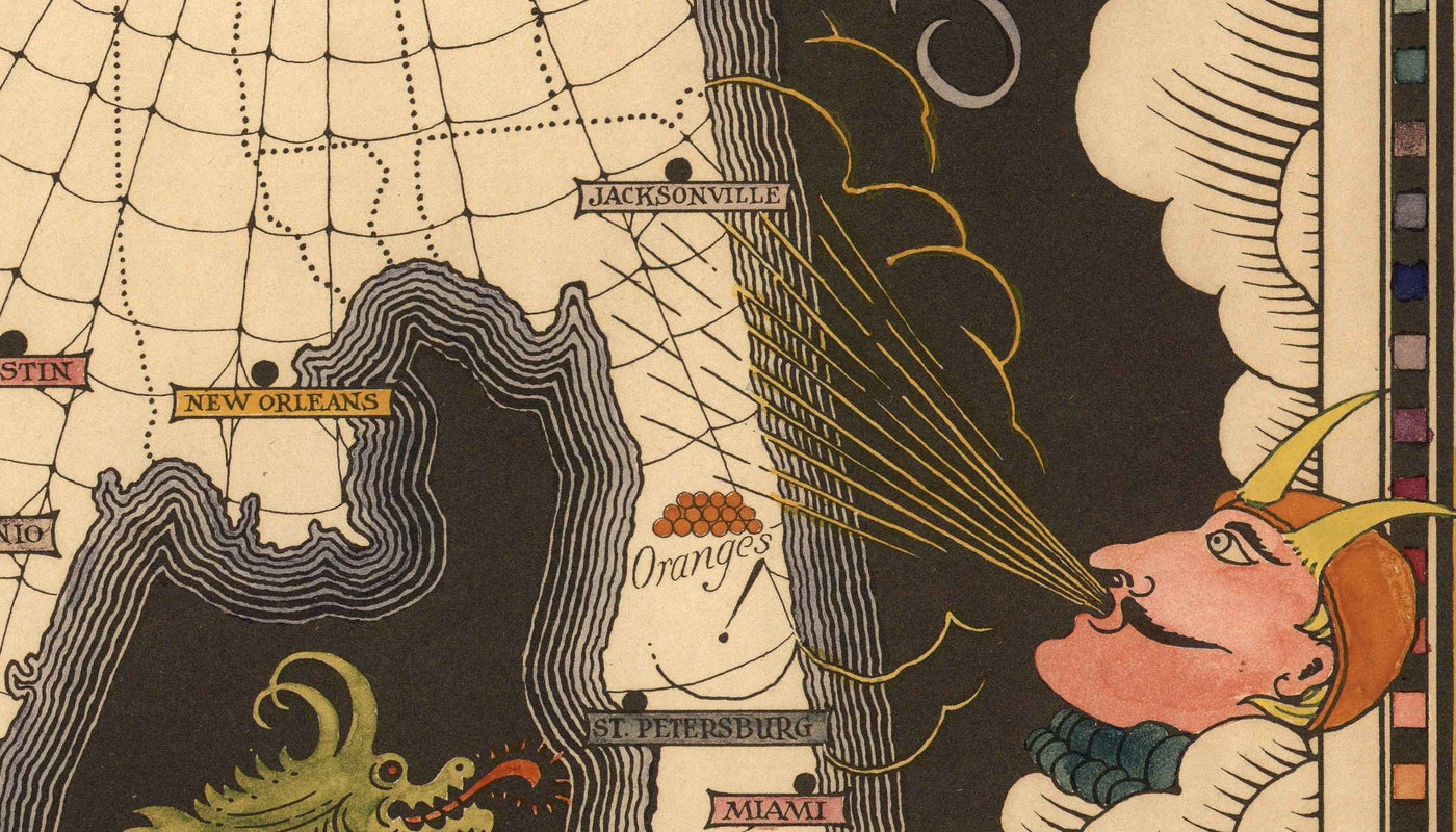 Un mapa de los Estados Unidos "típicamente californiano", por E. Chase, 1940 - Distorsión no oficial del Oeste contra el Este de los Estados Unidos