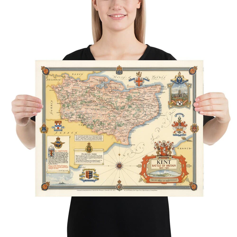 Antiguo mapa de Kent por Ernest Clegg, 1947 - Canterbury, Segunda Guerra Mundial, Churchill, Batalla de Inglaterra, Dover, Sevenoaks