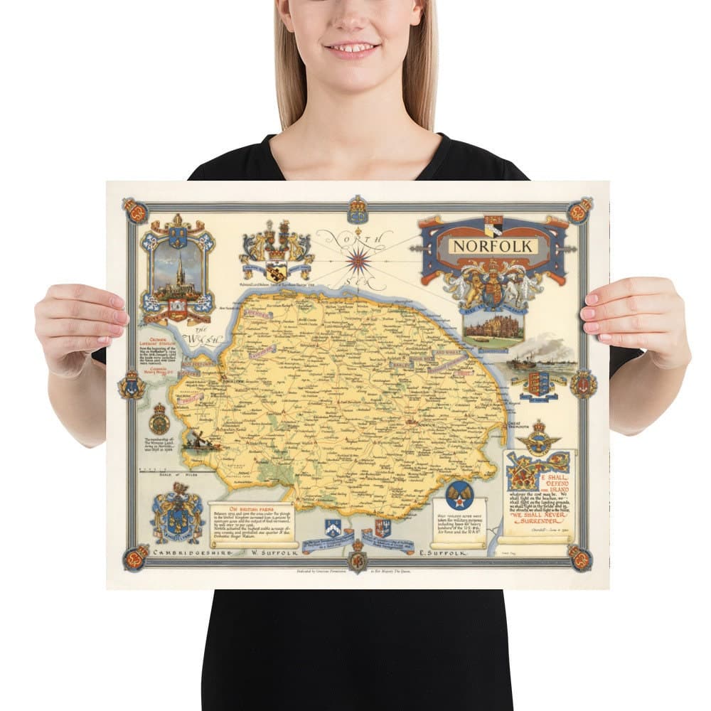 Ancienne carte du Norfolk par Ernest Clegg, 1945 - Sandringham, Norwich, Yarmouth, Winston Churchill, Lord Nelson, WW2