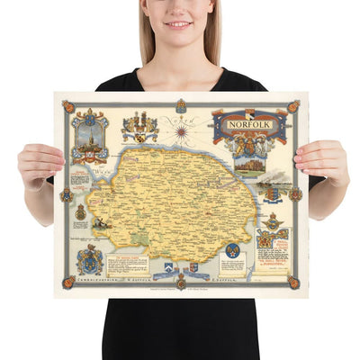 Ancienne carte du Norfolk par Ernest Clegg, 1945 - Sandringham, Norwich, Yarmouth, Winston Churchill, Lord Nelson, WW2