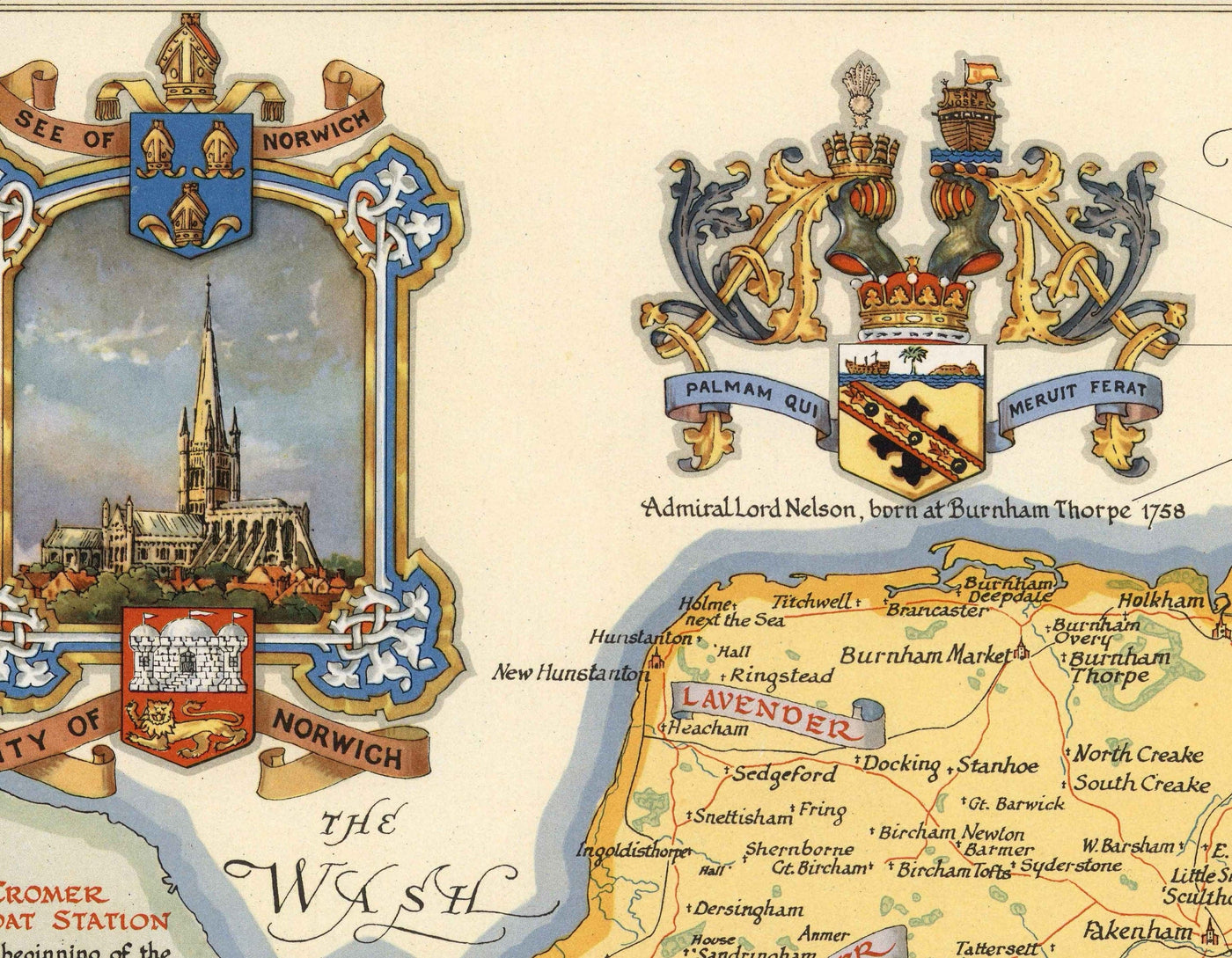 Ancienne carte du Norfolk par Ernest Clegg, 1945 - Sandringham, Norwich, Yarmouth, Winston Churchill, Lord Nelson, WW2
