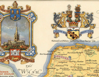 Ancienne carte du Norfolk par Ernest Clegg, 1945 - Sandringham, Norwich, Yarmouth, Winston Churchill, Lord Nelson, WW2