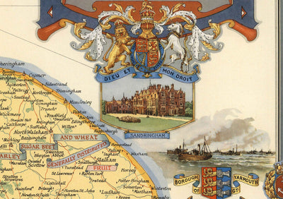 Ancienne carte du Norfolk par Ernest Clegg, 1945 - Sandringham, Norwich, Yarmouth, Winston Churchill, Lord Nelson, WW2