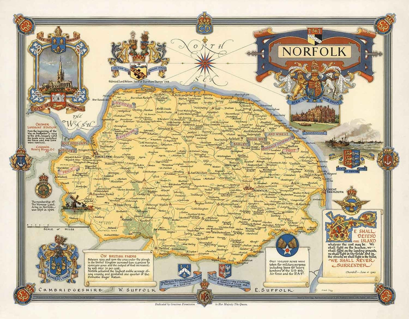 Ancienne carte du Norfolk par Ernest Clegg, 1945 - Sandringham, Norwich, Yarmouth, Winston Churchill, Lord Nelson, WW2
