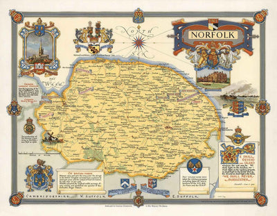 Ancienne carte du Norfolk par Ernest Clegg, 1945 - Sandringham, Norwich, Yarmouth, Winston Churchill, Lord Nelson, WW2