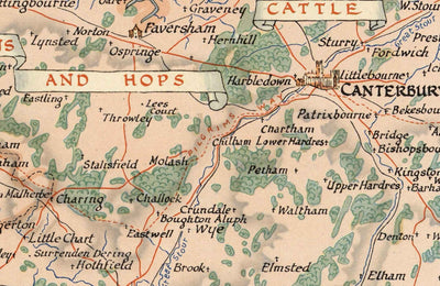 Antiguo mapa de Kent por Ernest Clegg, 1947 - Canterbury, Segunda Guerra Mundial, Churchill, Batalla de Inglaterra, Dover, Sevenoaks