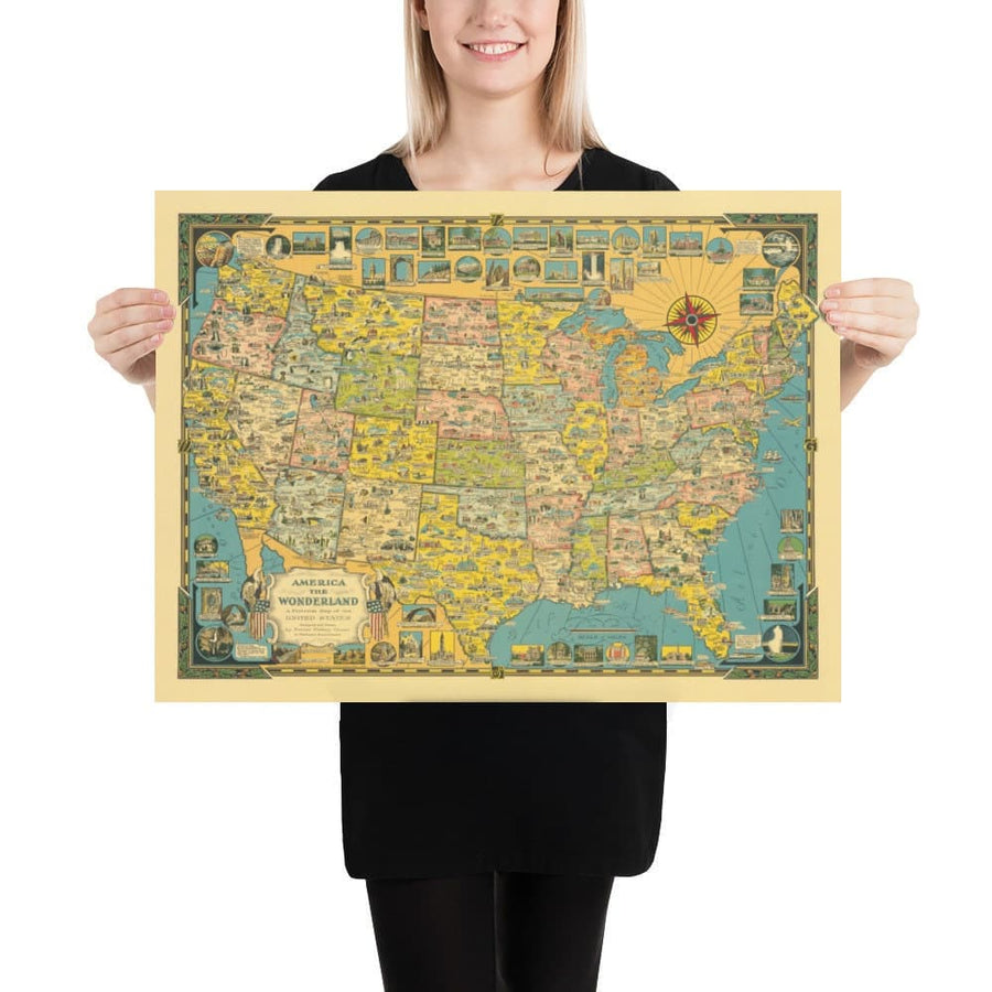 Vecchia mappa illustrata degli USA, 1941 di E. Chase - "America il Paese delle Meraviglie" - Luoghi illustrati, meraviglie naturali 