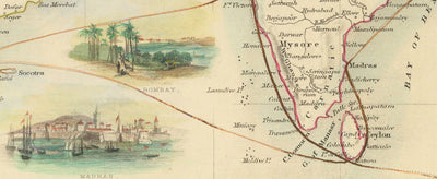 Old Mail Route Map: Europe to India, 1851 - British Empire Overland Trade - Suez, Camels, Red Sea, Arabia