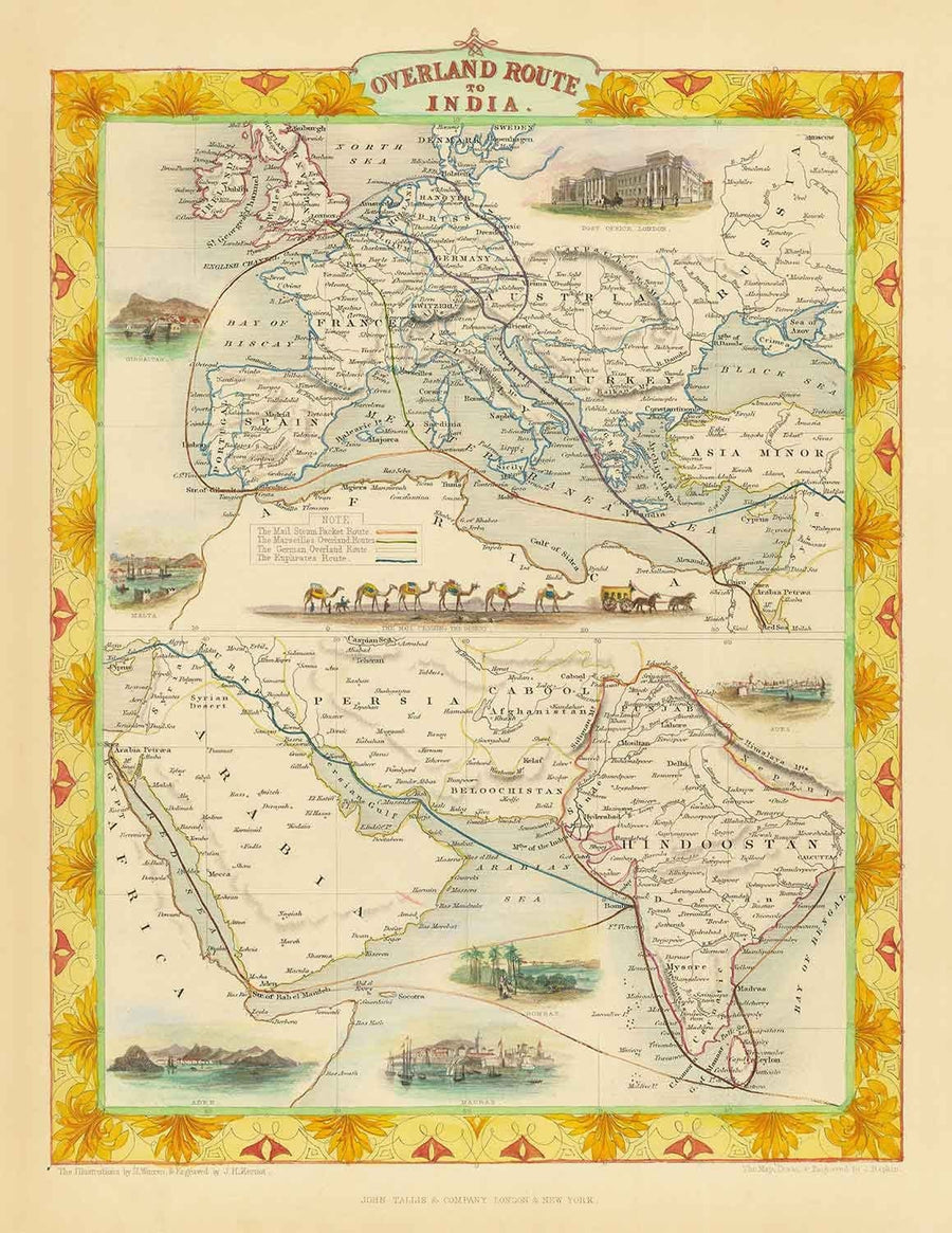 Mappa della vecchia rotta postale: Europa in India, 1851 - Commercio terrestre dell&