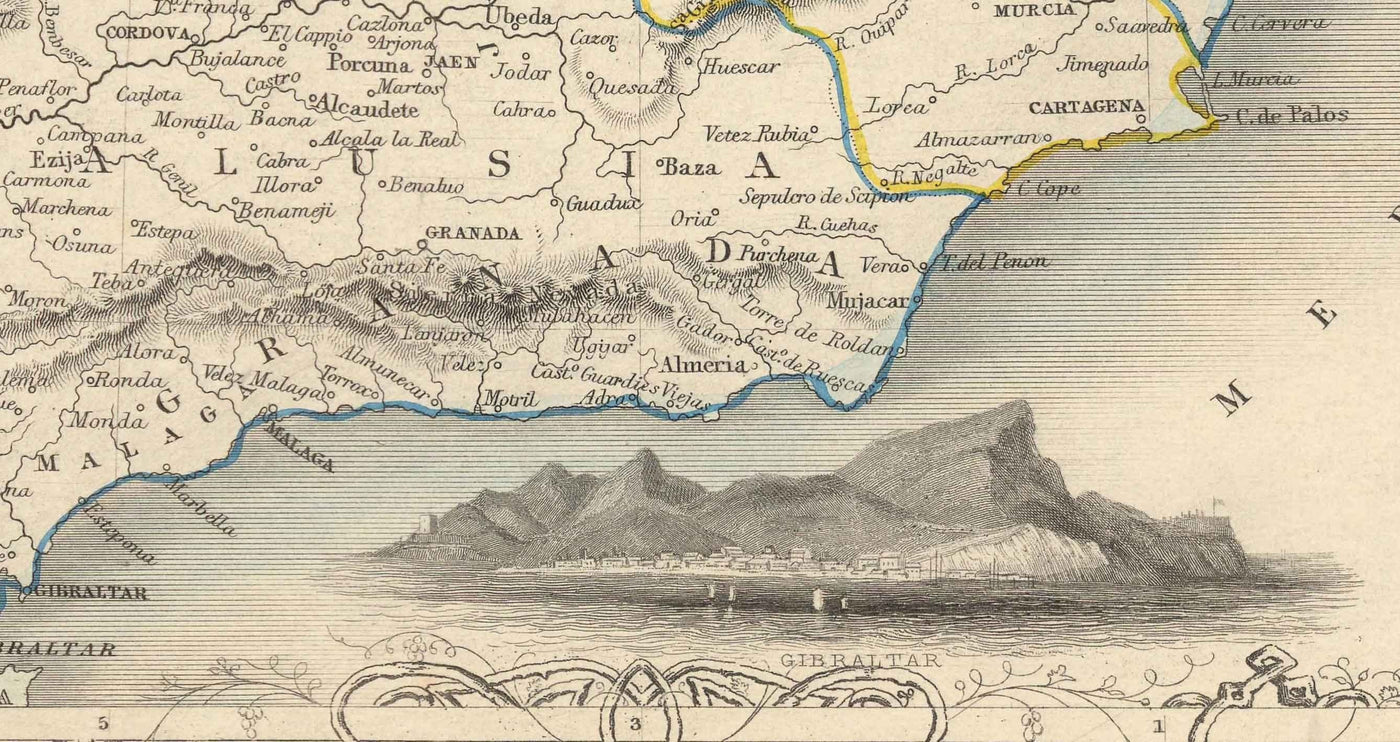 Mapa antiguo de España y Portugal, 1851 - Ilustraciones victorianas - Cataluña, Madrid, Lisboa, Gibraltar, Andalucía
