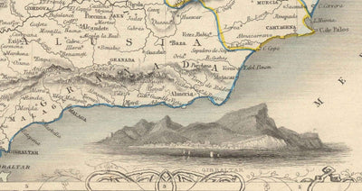 Mapa antiguo de España y Portugal, 1851 - Ilustraciones victorianas - Cataluña, Madrid, Lisboa, Gibraltar, Andalucía