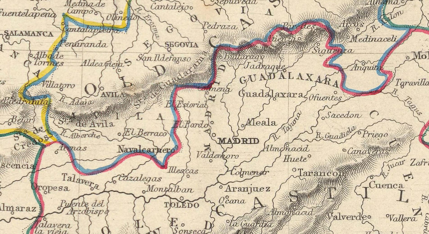 Mapa antiguo de España y Portugal, 1851 - Ilustraciones victorianas - Cataluña, Madrid, Lisboa, Gibraltar, Andalucía