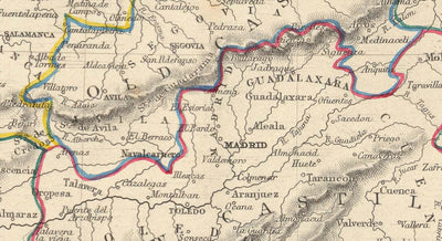 Mapa antiguo de España y Portugal, 1851 - Ilustraciones victorianas - Cataluña, Madrid, Lisboa, Gibraltar, Andalucía