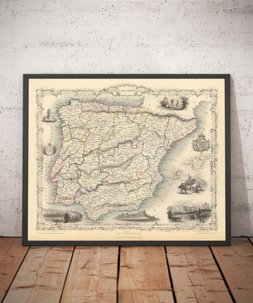 Vecchia mappa di Spagna e Portogallo, 1851 - Illustrazioni vittoriane - Catalogna, Madrid, Lisbona, Gibilterra, Andalusia 