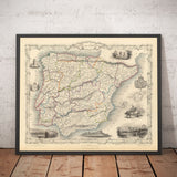 Mapa antiguo de España y Portugal, 1851 - Ilustraciones victorianas - Cataluña, Madrid, Lisboa, Gibraltar, Andalucía