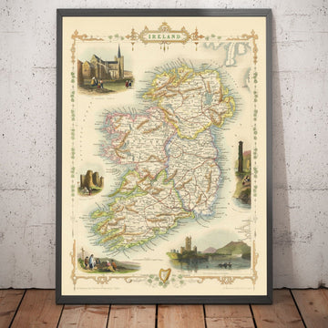 Old Map of Ireland, Eire 1851 by Tallis & Rapkin - Victorian Handcoloured Provinces, Cities, Dublin, Railways