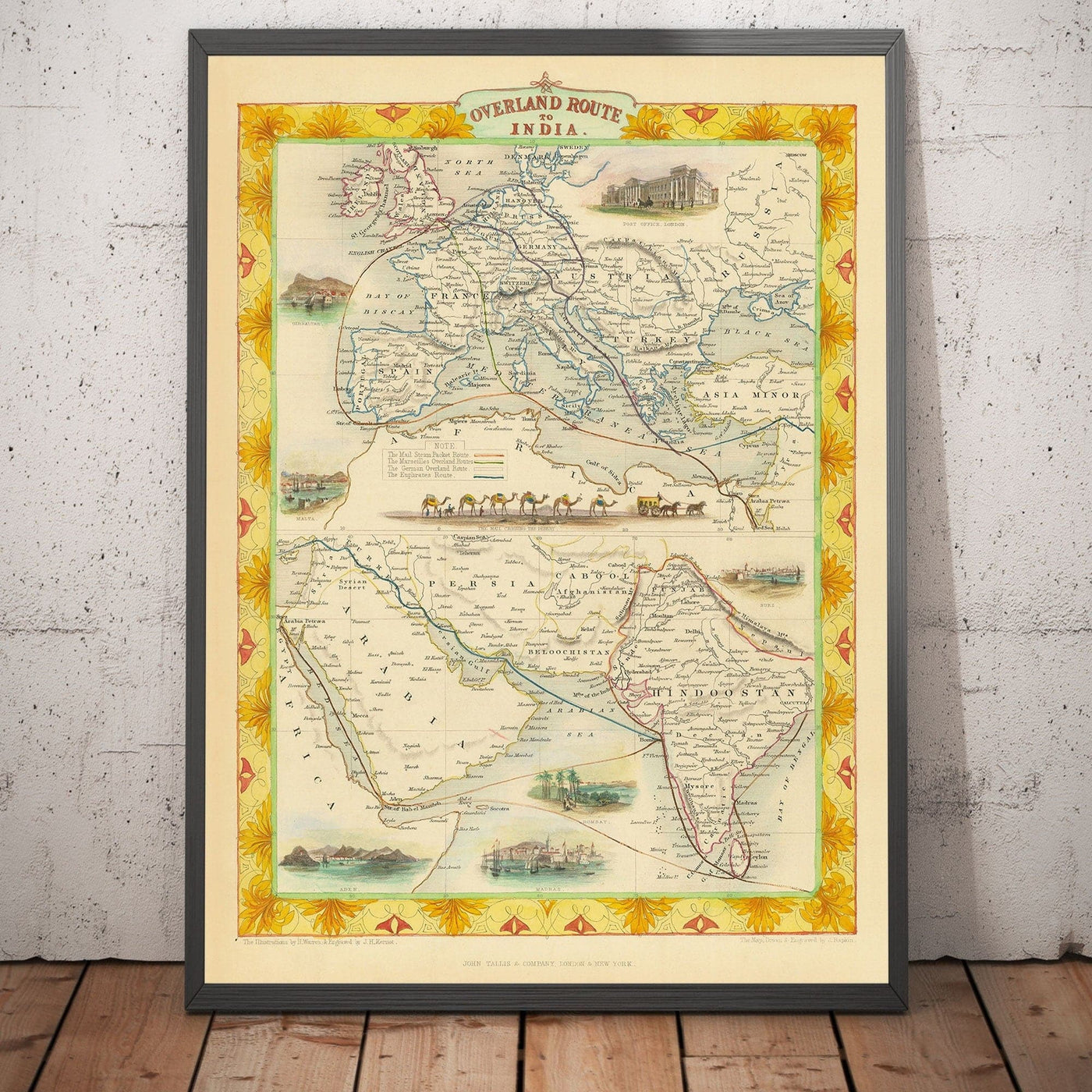 Old Mail Route Map: Europe to India, 1851 - British Empire Overland Trade - Suez, Camels, Red Sea, Arabia