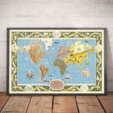 Alte französische Weltkarte, 1956 - Carte du Monde Atlas von Blondel La Rougery - Seeungeheuer, Zeitzonen 