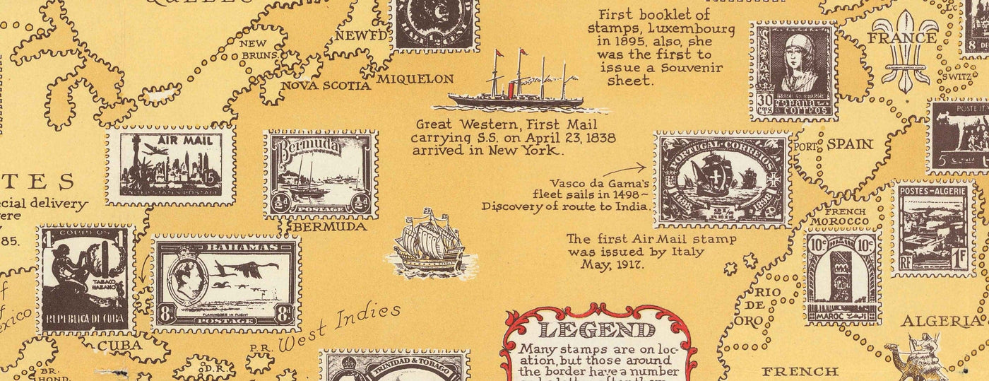 Antiguo mapa del mundo de los sellos, 1947 por E. Chase - Atlas histórico de correos, lugares de interés, Penny Black