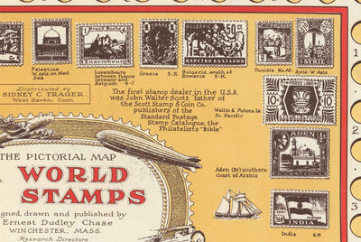 Antiguo mapa del mundo de los sellos, 1947 por E. Chase - Atlas histórico de correos, lugares de interés, Penny Black