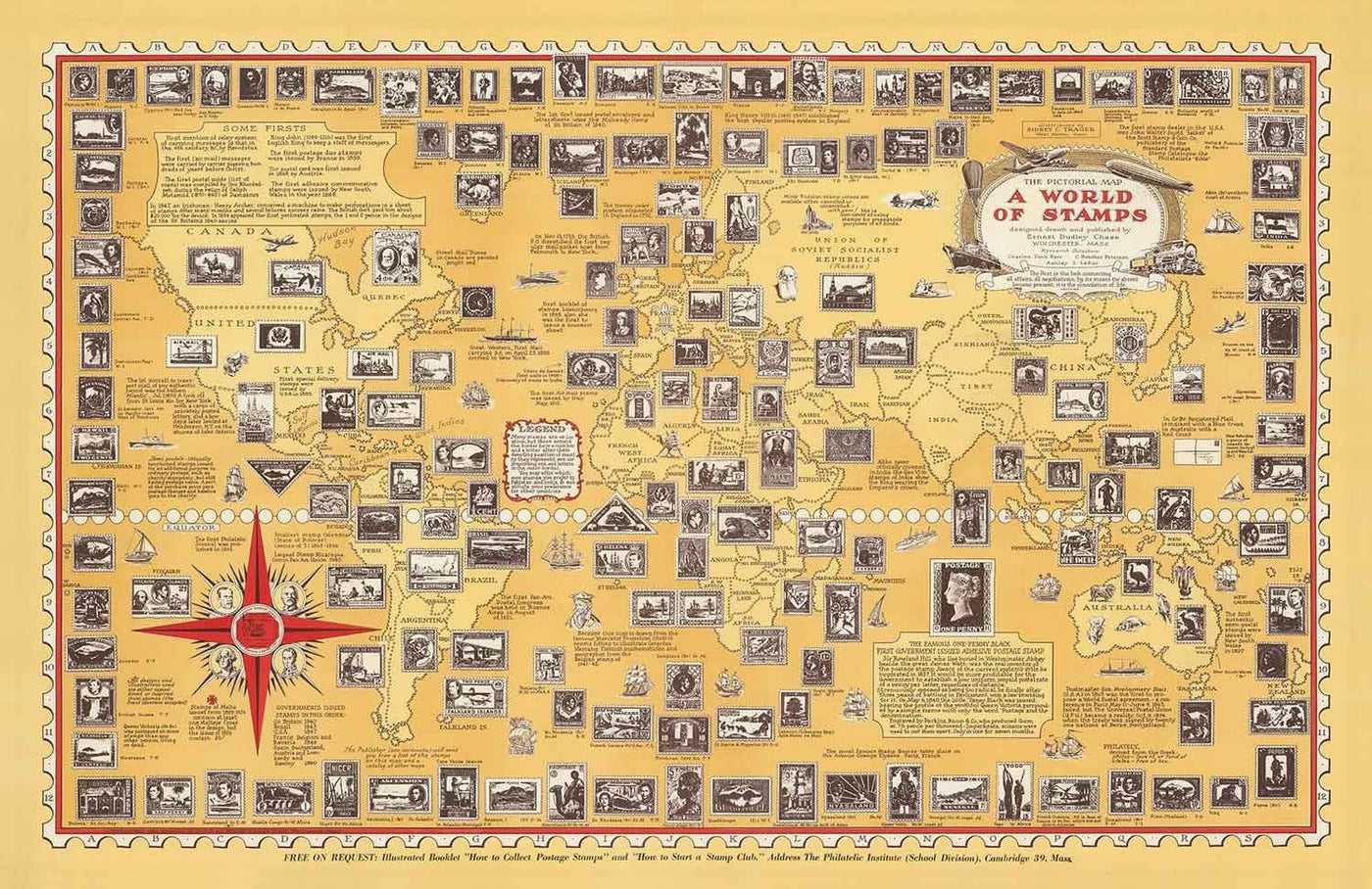 Antiguo mapa del mundo de los sellos, 1947 por E. Chase - Atlas histórico de correos, lugares de interés, Penny Black